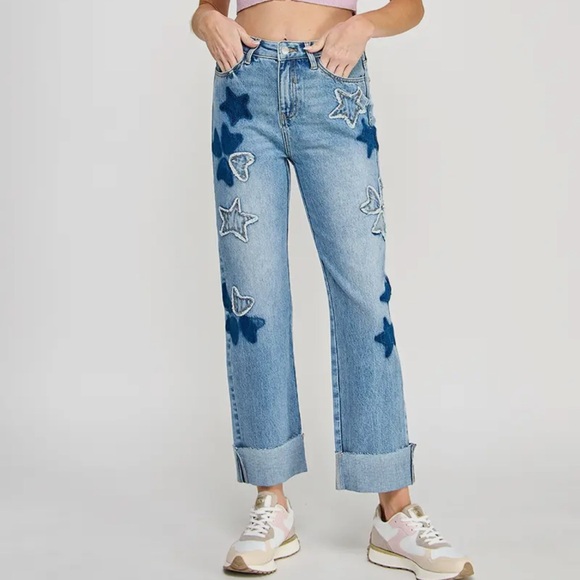 Special A Denim - Starry Blue patched  Wide Leg  Dad Jeans-Plus Size